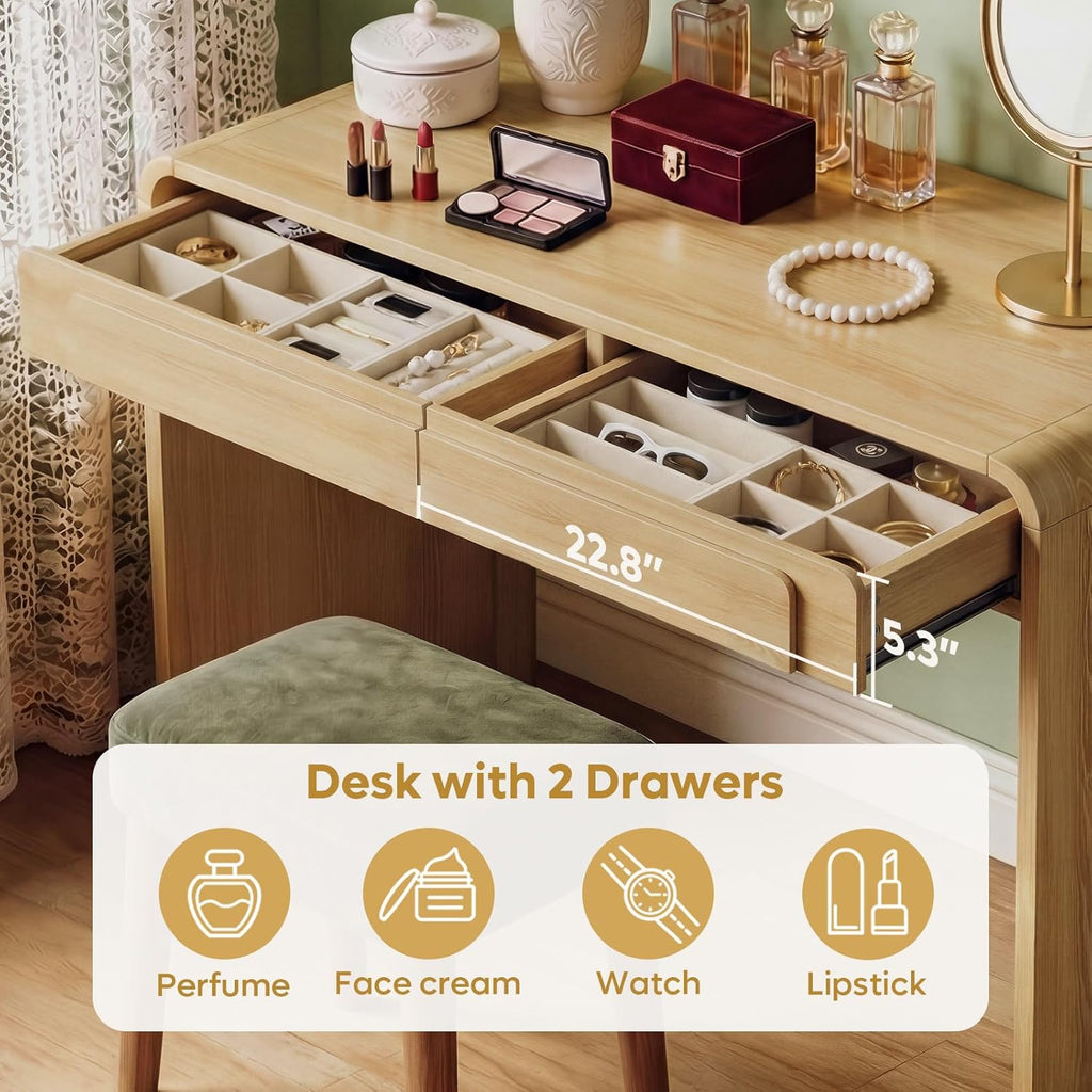 Bestier Computer Desk with 2 Drawers, 47 Inch Wood Home Office Desk, Small Writing Table with Curved Handles & Waterfall Rounded Edges, Cute Modern Desks for Bedroom Study Living Room, Oak