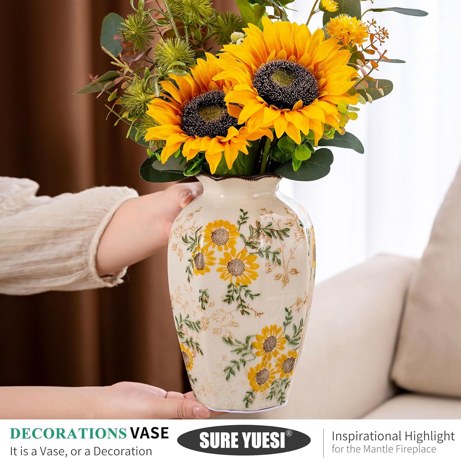 for Mom from Daughter or Son, Hand-Painted Sunflower Vintage Ceramic Octagonal Vase 9.1”, Green Yellow Beige Floral Vase for Bouquet, Mantle, Table Centerpiece, Bookshelf, Office