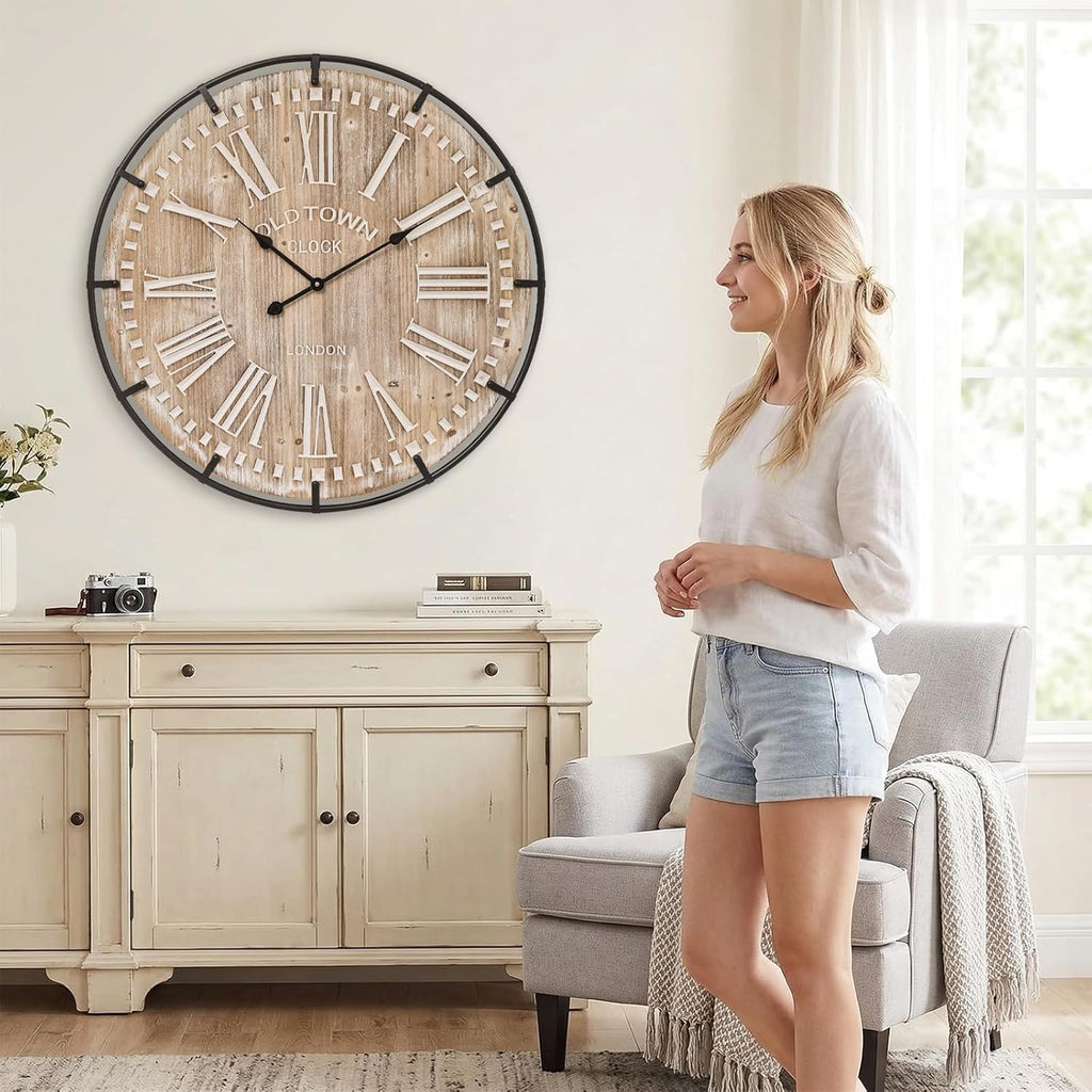 EMAX HOME 30 Inch Extra Large Wall Clock - Farmhouse Rustic Wood & Metal Design Silent Non-Ticking Battery Operated Decorative Oversized Clock for Living Room, Kitchen, Office & Bedroom