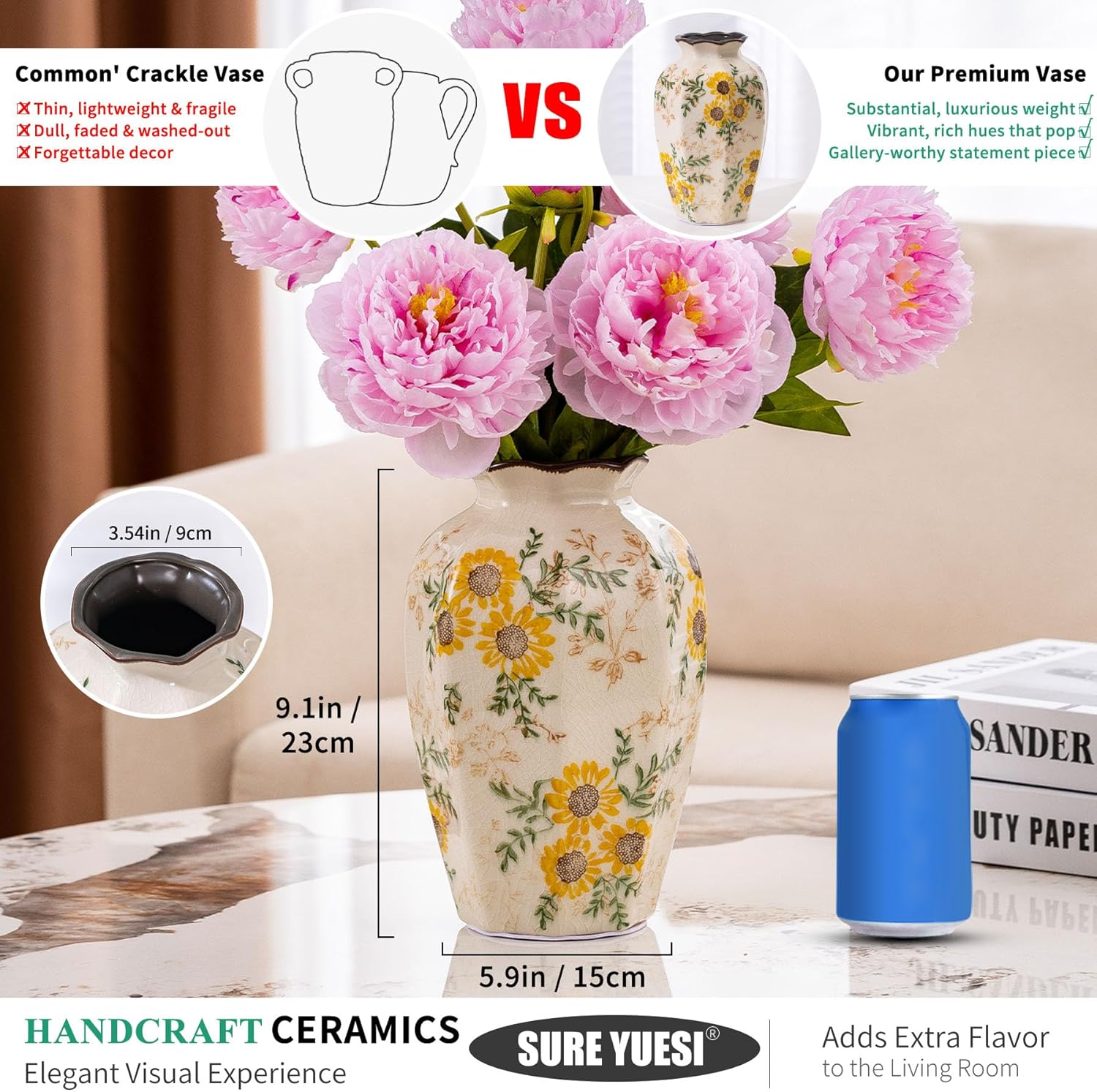 for Mom from Daughter or Son, Hand-Painted Sunflower Vintage Ceramic Octagonal Vase 9.1”, Green Yellow Beige Floral Vase for Bouquet, Mantle, Table Centerpiece, Bookshelf, Office