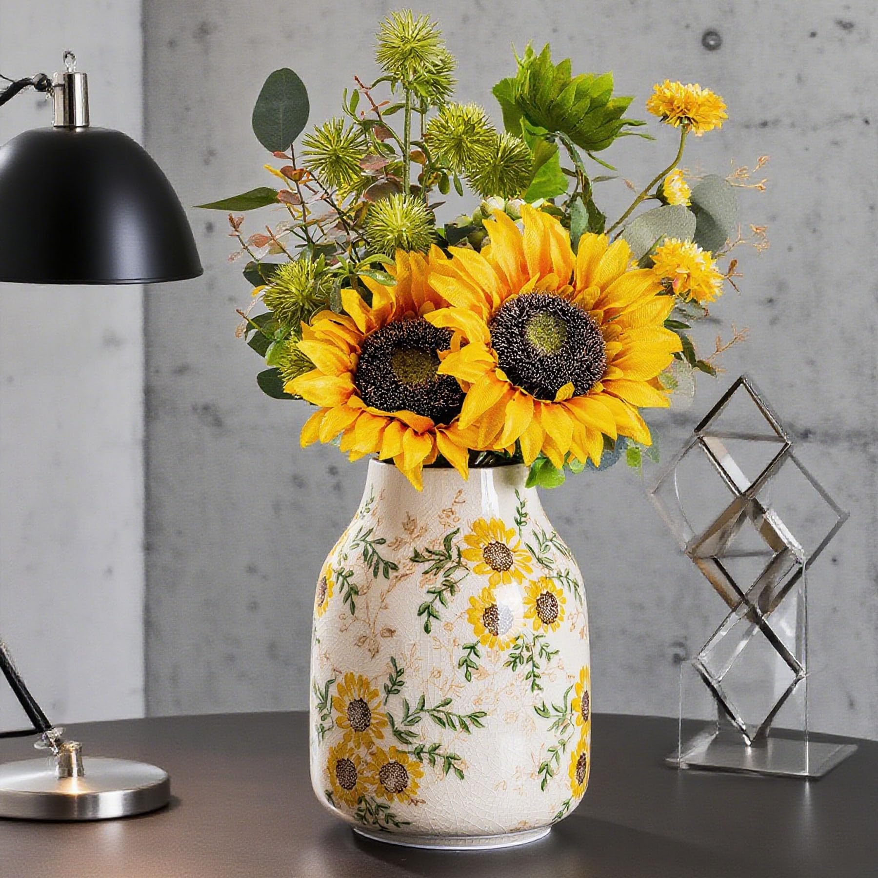 for Mom from Daughter or Son, Hand-Painted Sunflower Vintage Ceramic Octagonal Vase 9.1”, Green Yellow Beige Floral Vase for Bouquet, Mantle, Table Centerpiece, Bookshelf, Office