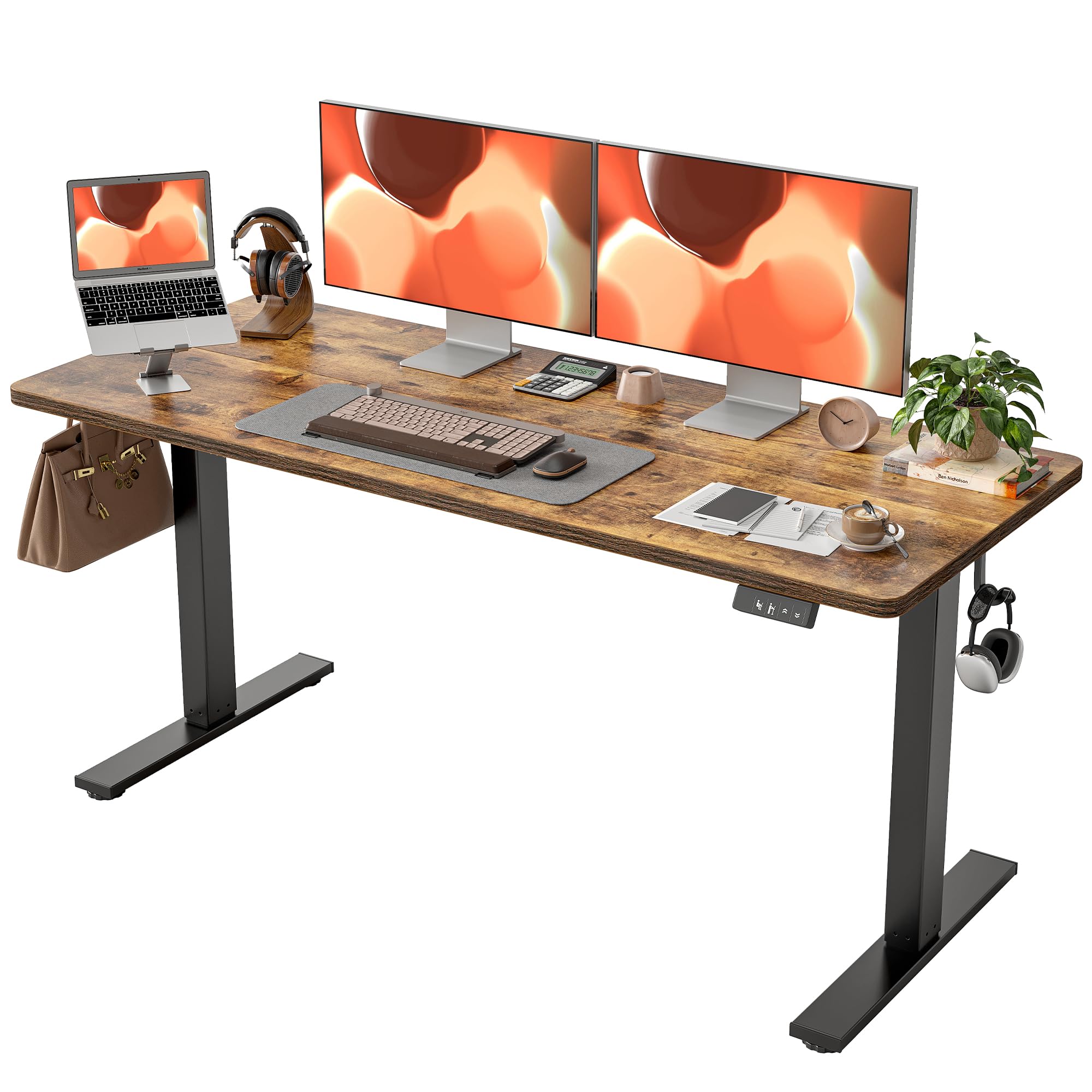 TIQLAB Electric Height Adjustable Standing Desk 47.2×23.6 inch, Sit Stand Desk with Splice Board, Memory Controller, White Frame & Maple Top Computer Workstation for Home Office