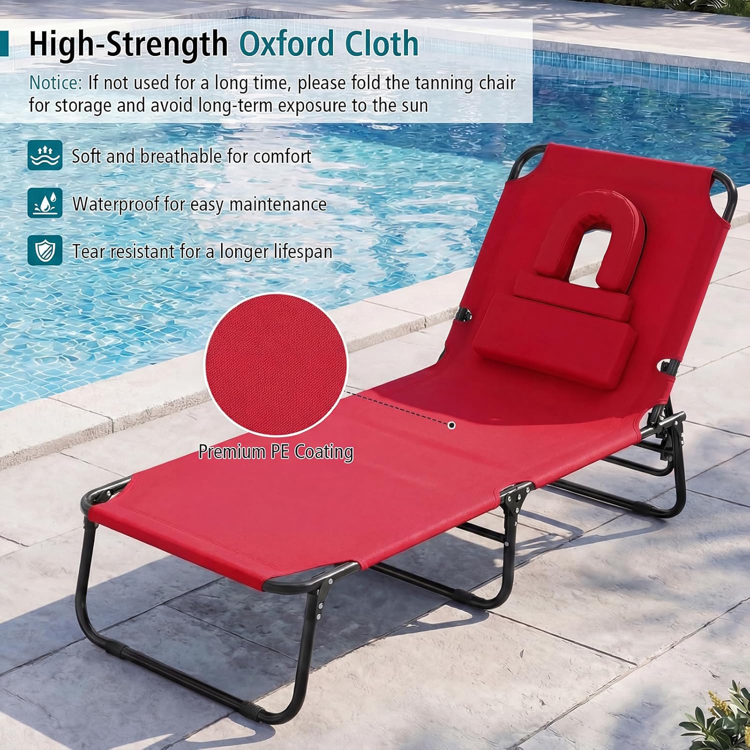 GYMAX Tanning Chair, Folding Lounge Chairs with Face Hole & Cover, Removable Pillow Carry Handle, Portable Compact Outdoor Layout Recliner for Beach, Poolside, Lawn, Patio, Camping (Red,1)