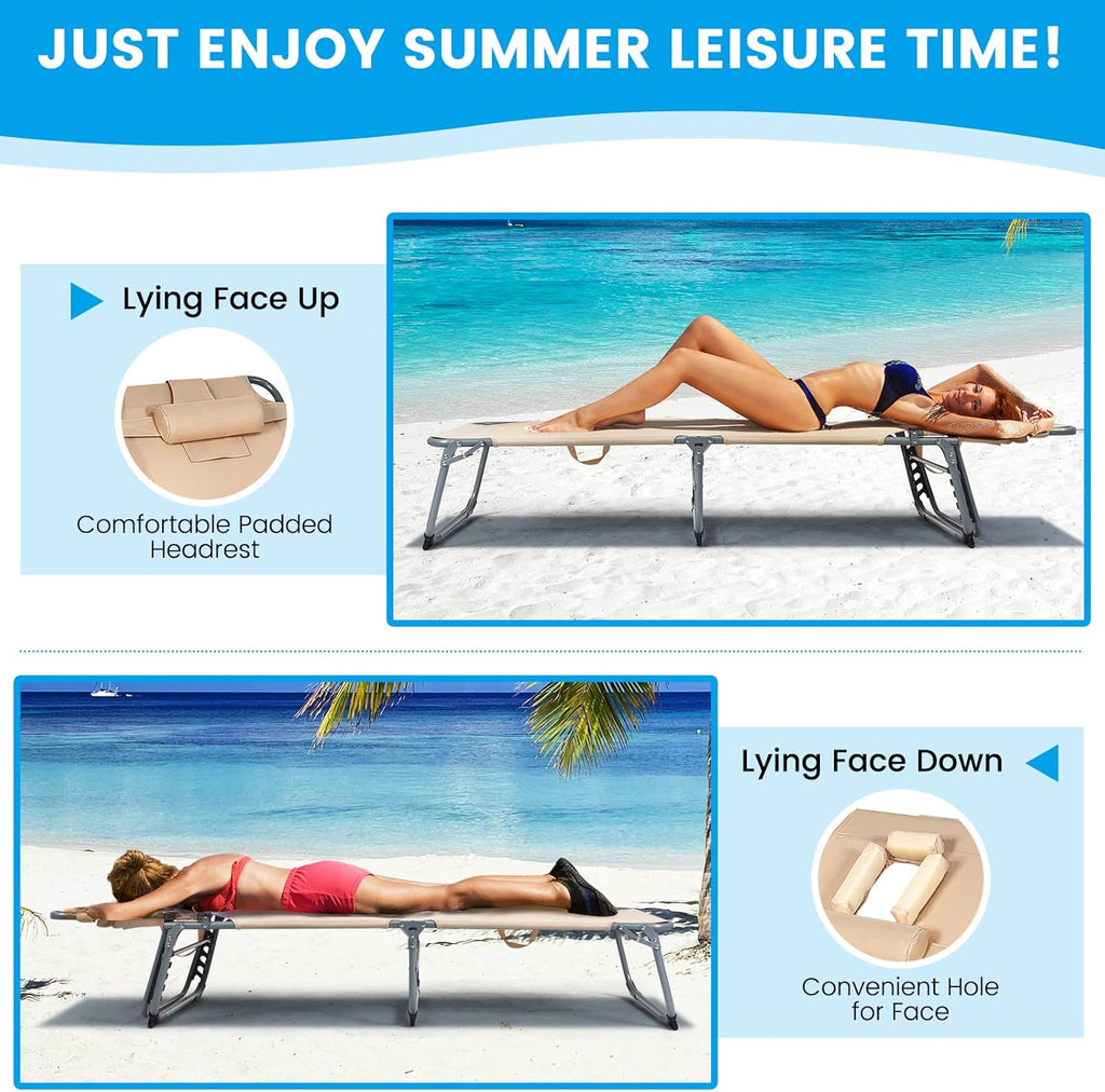 LUARANE Outdoor Folding Lounge Chair, Adjustable Tanning Chair with Face Hole & Removable Pillow, Headrest and Carry Strap, Portable Sunbathing Recliner Chair for Patio, Backyard, Beach (1, Beige)