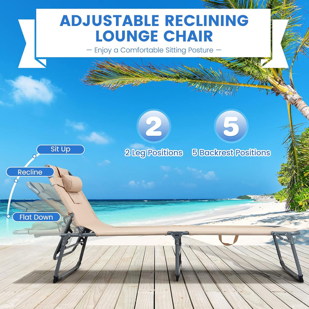 LUARANE Outdoor Folding Lounge Chair, Adjustable Tanning Chair with Face Hole & Removable Pillow, Headrest and Carry Strap, Portable Sunbathing Recliner Chair for Patio, Backyard, Beach (1, Beige)