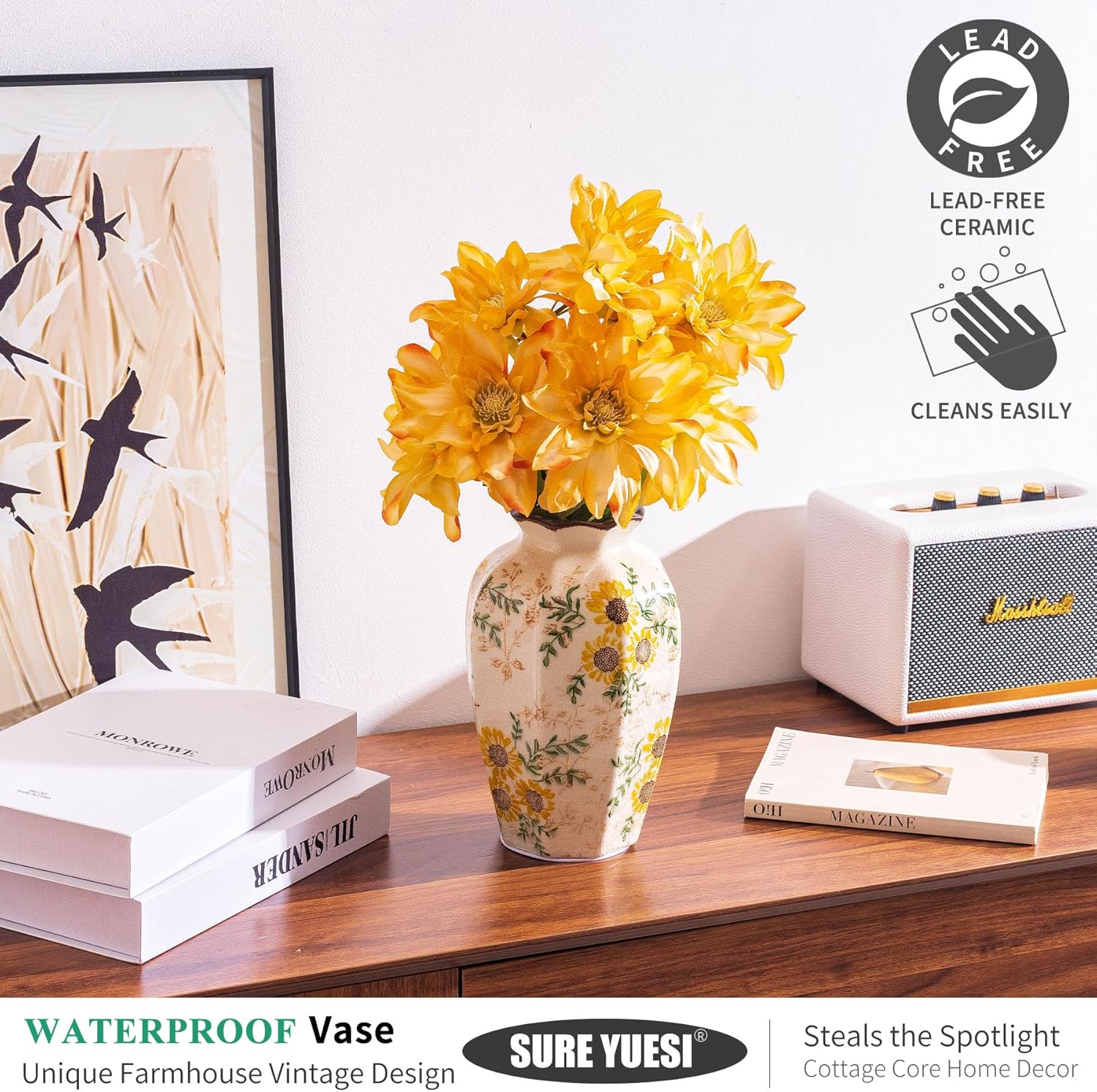 for Mom from Daughter or Son, Hand-Painted Sunflower Vintage Ceramic Octagonal Vase 9.1”, Green Yellow Beige Floral Vase for Bouquet, Mantle, Table Centerpiece, Bookshelf, Office