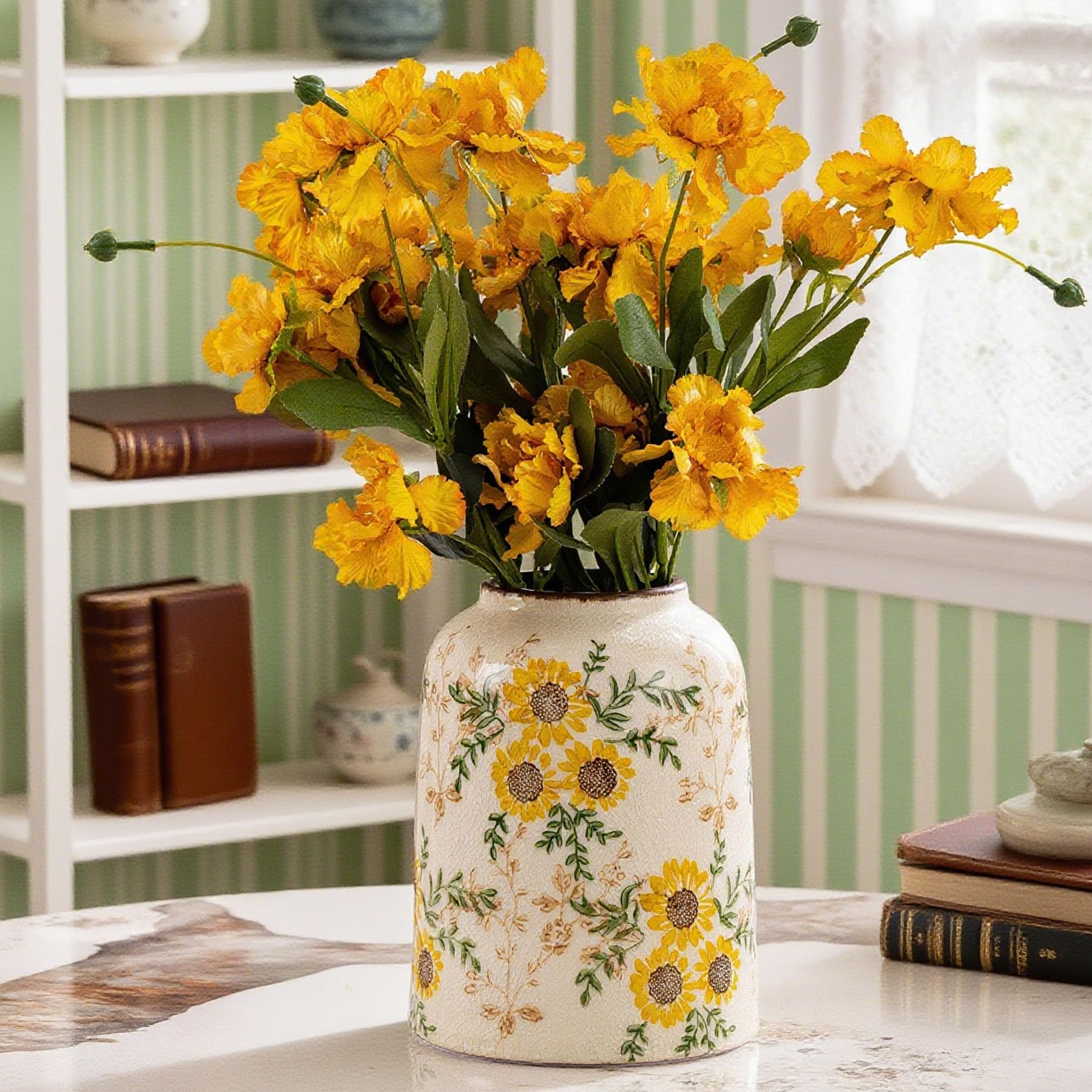 for Mom from Daughter or Son, Hand-Painted Sunflower Vintage Ceramic Octagonal Vase 9.1”, Green Yellow Beige Floral Vase for Bouquet, Mantle, Table Centerpiece, Bookshelf, Office