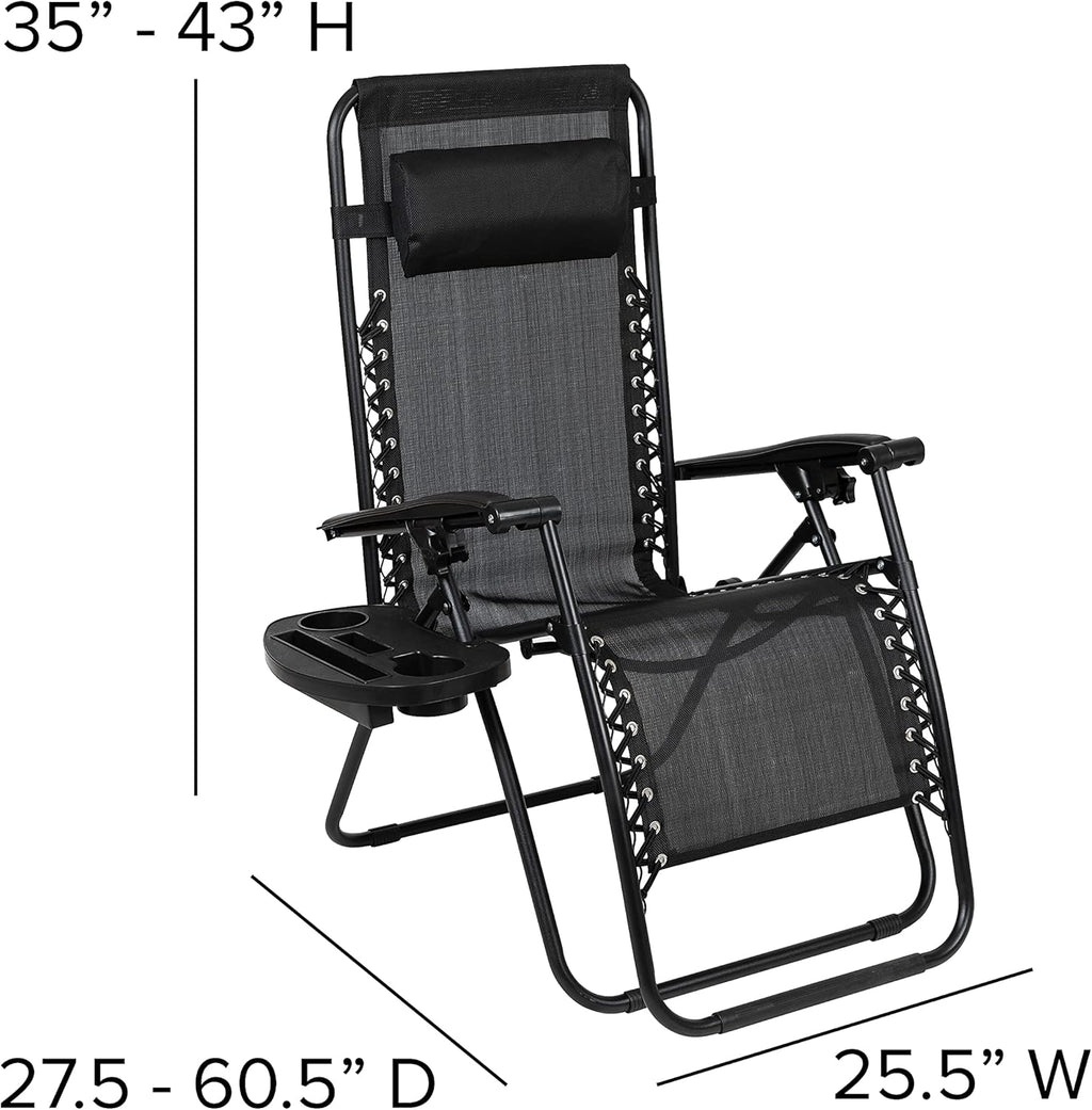 Flash Furniture Celestial Adjustable Folding Mesh Zero Gravity Reclining Lounge Chair with Pillow and Cup Holder Tray in Black, Set of 2