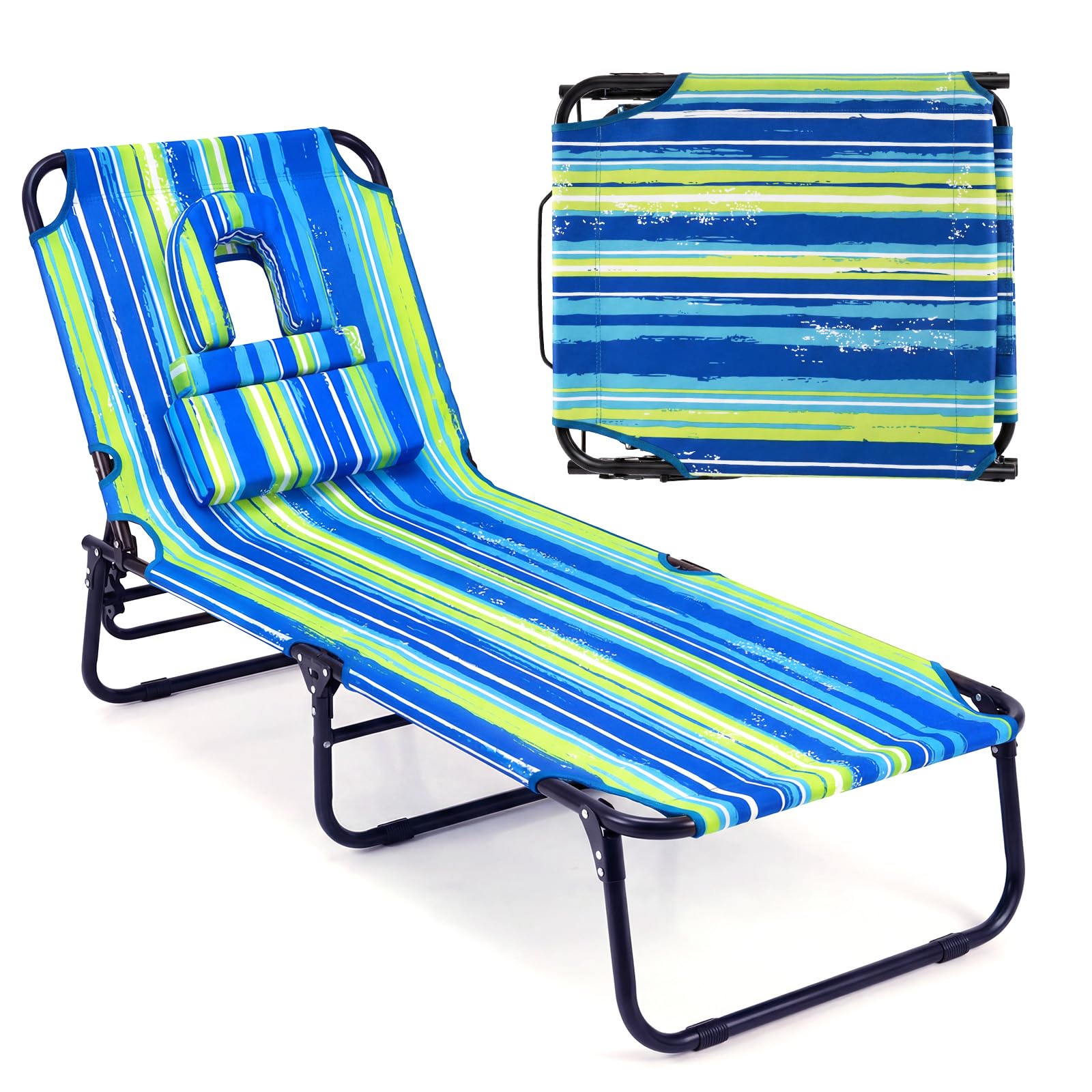 GYMAX Tanning Chair, Folding Lounge Chairs with Face Hole & Cover, Removable Pillow Carry Handle, Portable Compact Outdoor Layout Recliner for Beach, Poolside, Lawn, Patio, Camping (Red,1)