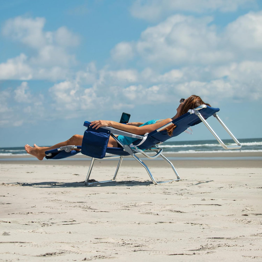 Tommy Bahama 4-Position Face-Opening Read Through Lounger with Ottoman, Portable Folding Beach Chair, Navy