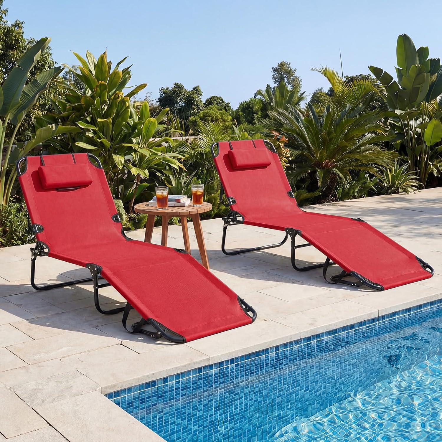 GYMAX Tanning Chair, Folding Lounge Chairs with Face Hole & Cover, Removable Pillow Carry Handle, Portable Compact Outdoor Layout Recliner for Beach, Poolside, Lawn, Patio, Camping (Red,1)