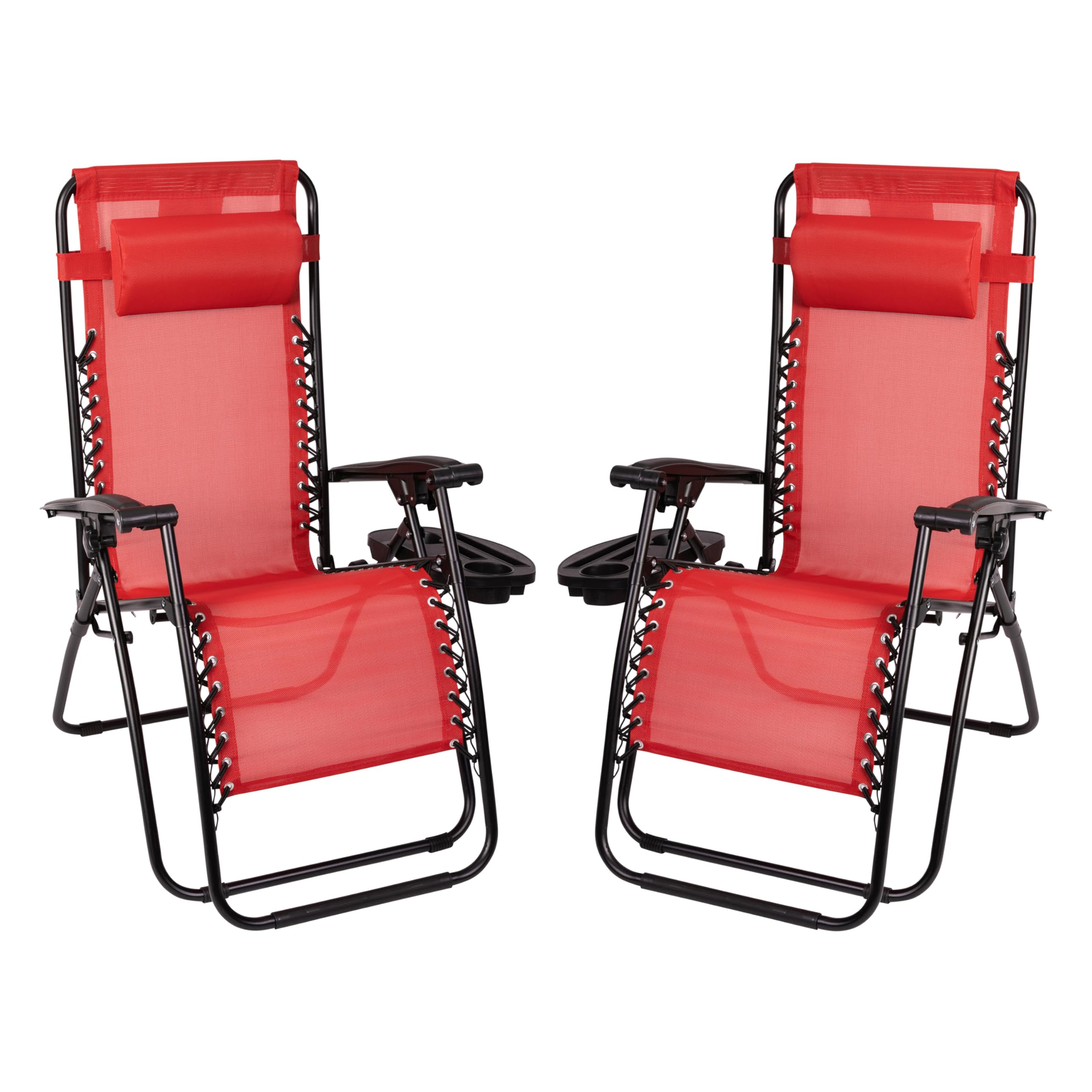 Flash Furniture Celestial Adjustable Folding Mesh Zero Gravity Reclining Lounge Chair with Pillow and Cup Holder Tray in Black, Set of 2