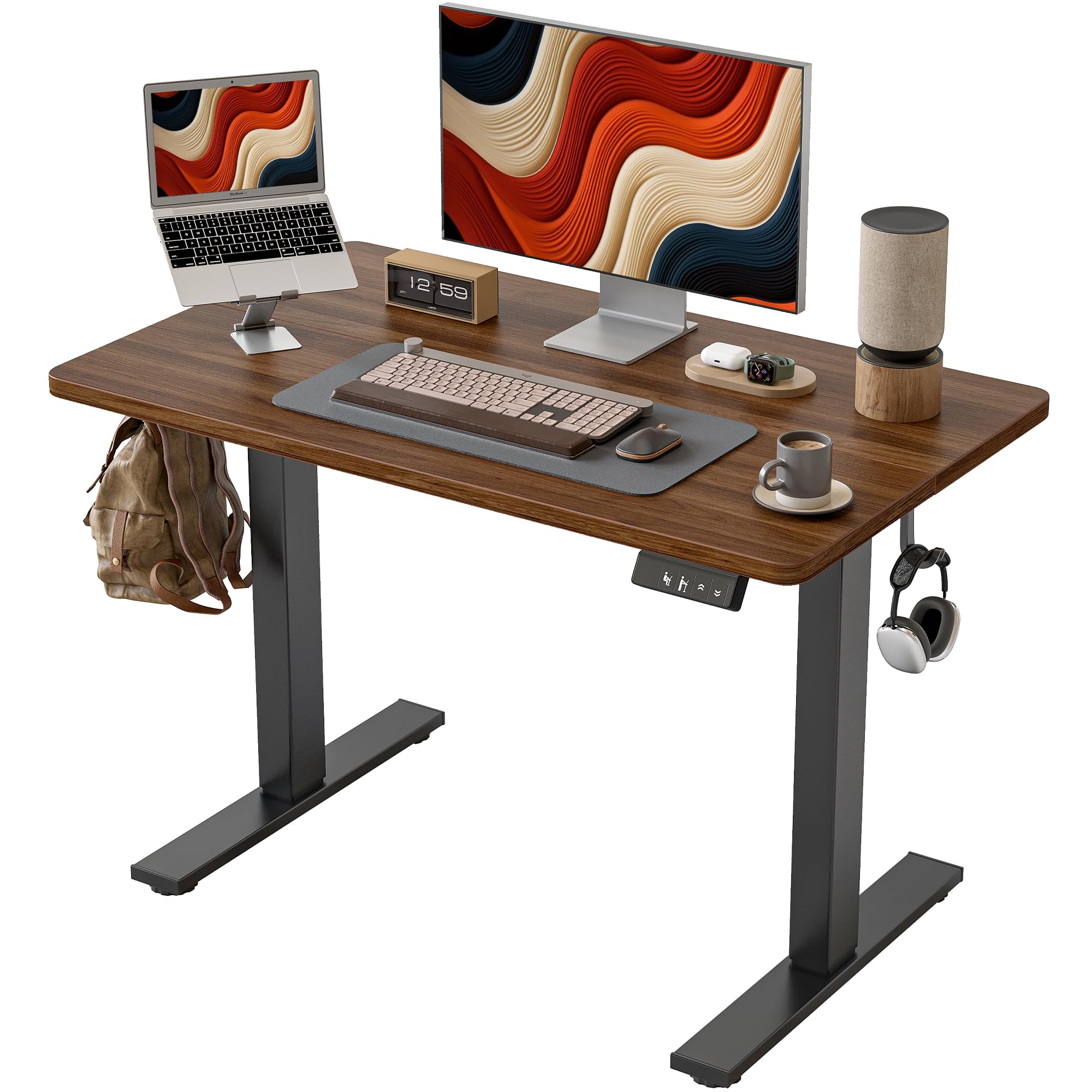 TIQLAB Electric Height Adjustable Standing Desk 47.2×23.6 inch, Sit Stand Desk with Splice Board, Memory Controller, White Frame & Maple Top Computer Workstation for Home Office