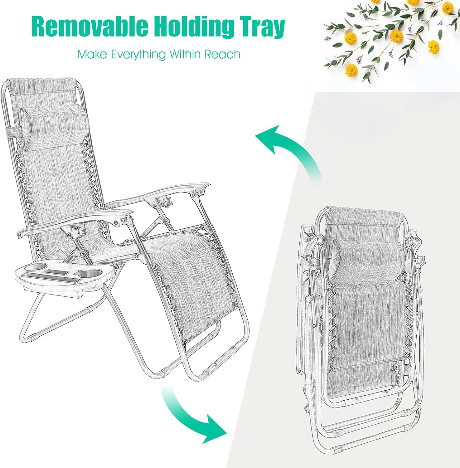 Folding Zero Gravity Reclining Textilene Lounge Chairs, Outdoor Adjustable Patio w/Pillows & Cup Holder Trays for Backyard, Beach, Poolside (BK)