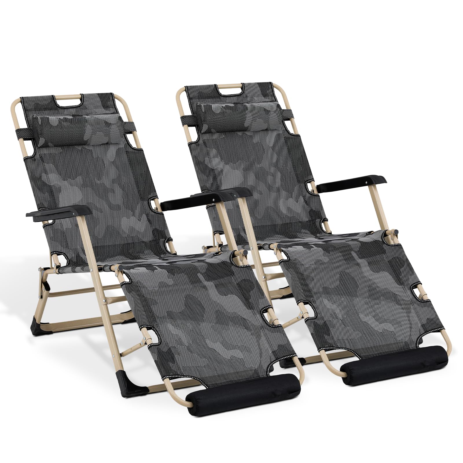 MoNiBloom Patio Lounge Chair Set of 2 Folding Lawn Lounger Outdoor Camp Reclining Chair with Adjustable Headrest for Garden Yard Pool Side, 330lbs Capacity