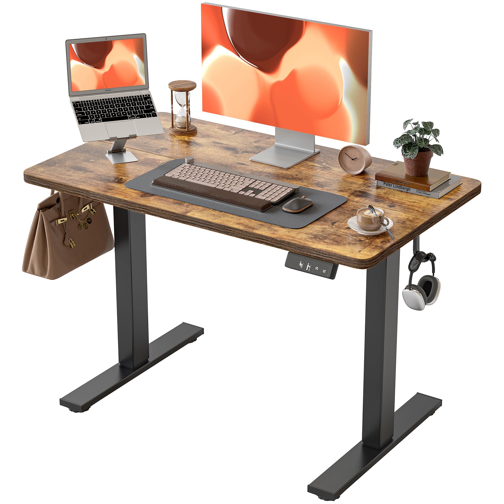 TIQLAB Electric Height Adjustable Standing Desk 47.2×23.6 inch, Sit Stand Desk with Splice Board, Memory Controller, White Frame & Maple Top Computer Workstation for Home Office