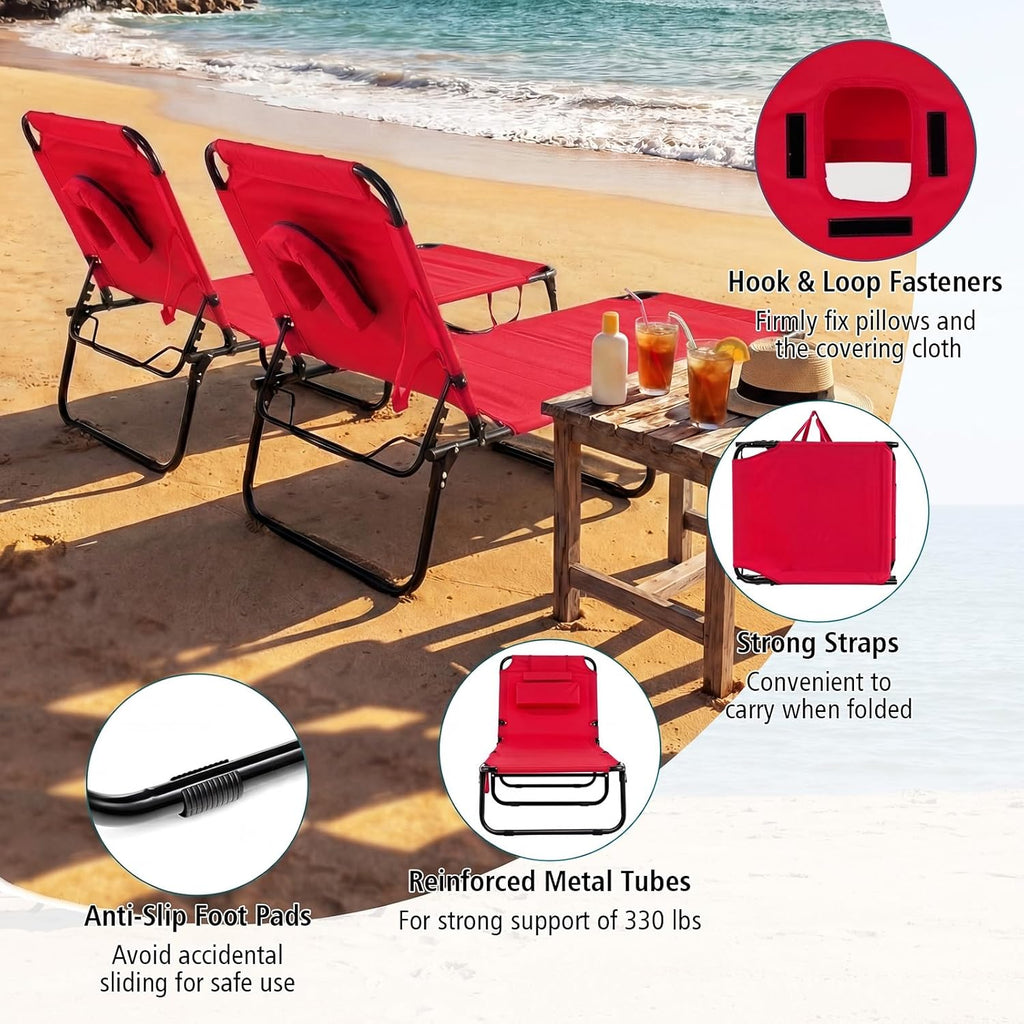 GYMAX Tanning Chair, Folding Lounge Chairs with Face Hole & Cover, Removable Pillow Carry Handle, Portable Compact Outdoor Layout Recliner for Beach, Poolside, Lawn, Patio, Camping (Red,1)