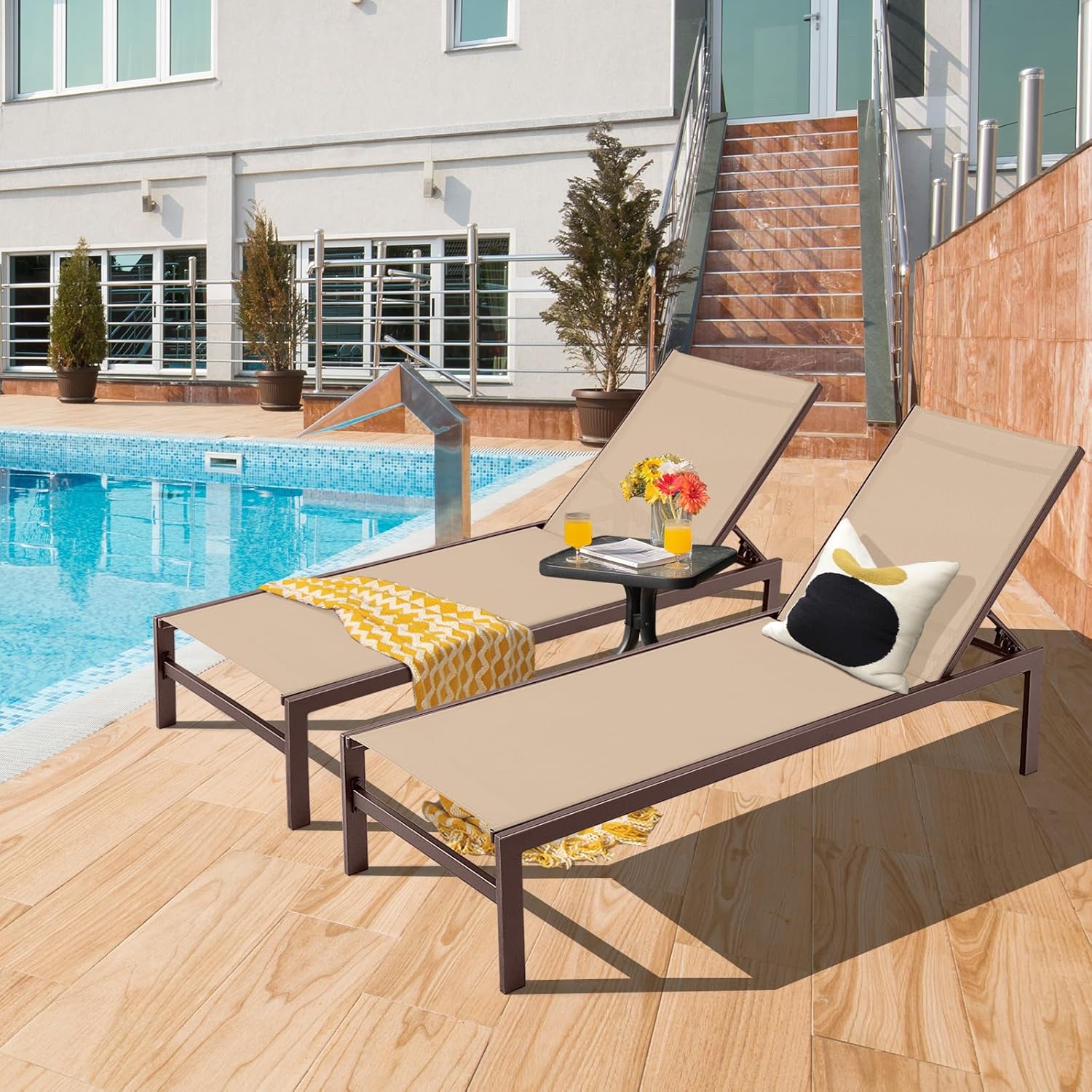 Tangkula Aluminum Lounge Chair Outdoor, Patio Adjustable Chaise Lounge with 6-Position Backrest, Aluminum Frame, Breathable Fabric, Lightweight Recliner Pool Chairs for Poolside, Backyard (1, Brown)