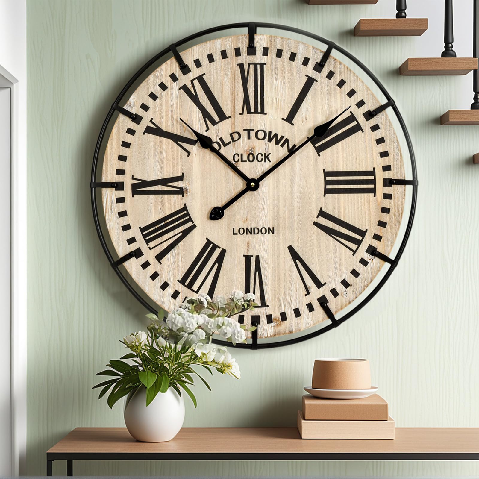 EMAX HOME 30 Inch Extra Large Wall Clock - Farmhouse Rustic Wood & Metal Design Silent Non-Ticking Battery Operated Decorative Oversized Clock for Living Room, Kitchen, Office & Bedroom