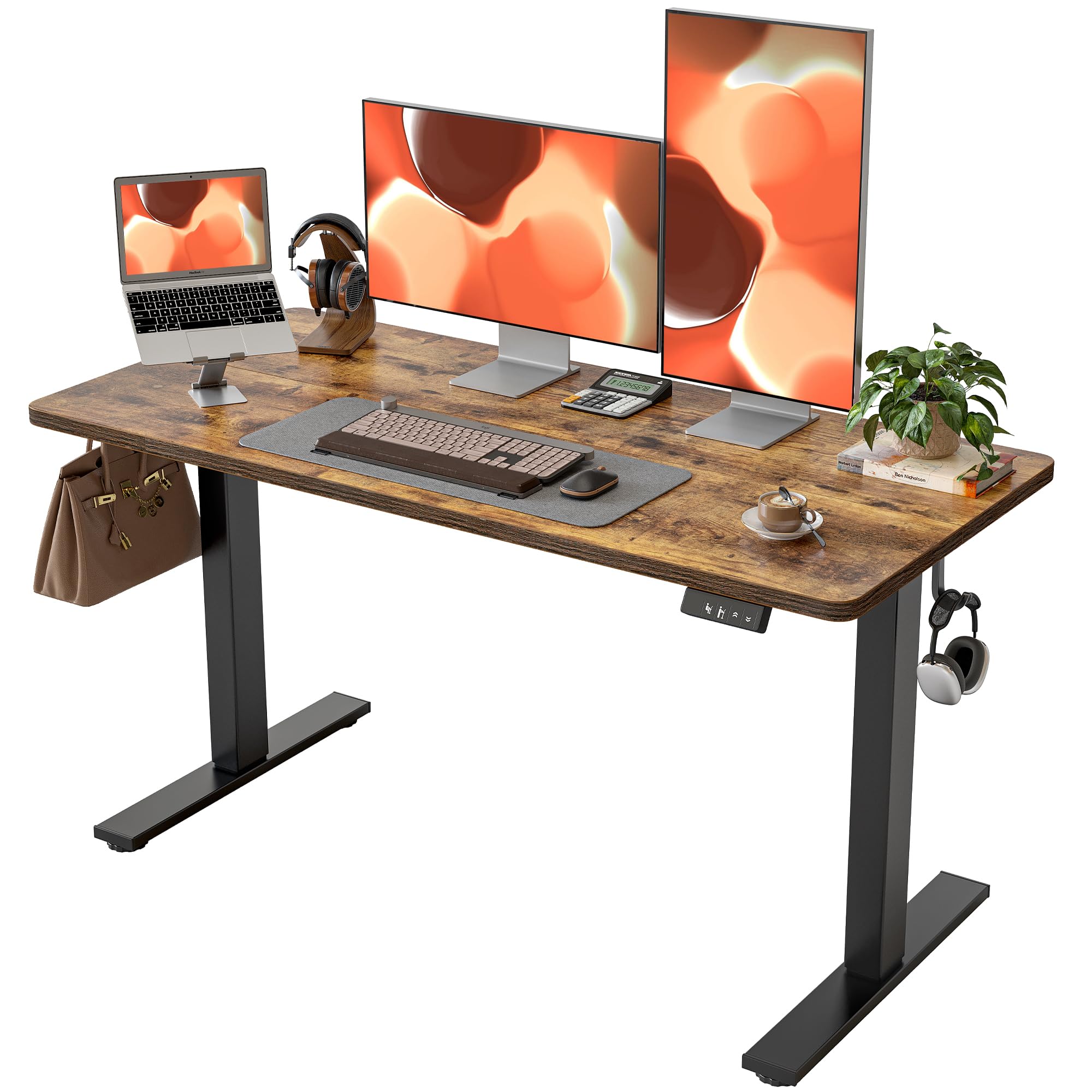 TIQLAB Electric Height Adjustable Standing Desk 47.2×23.6 inch, Sit Stand Desk with Splice Board, Memory Controller, White Frame & Maple Top Computer Workstation for Home Office