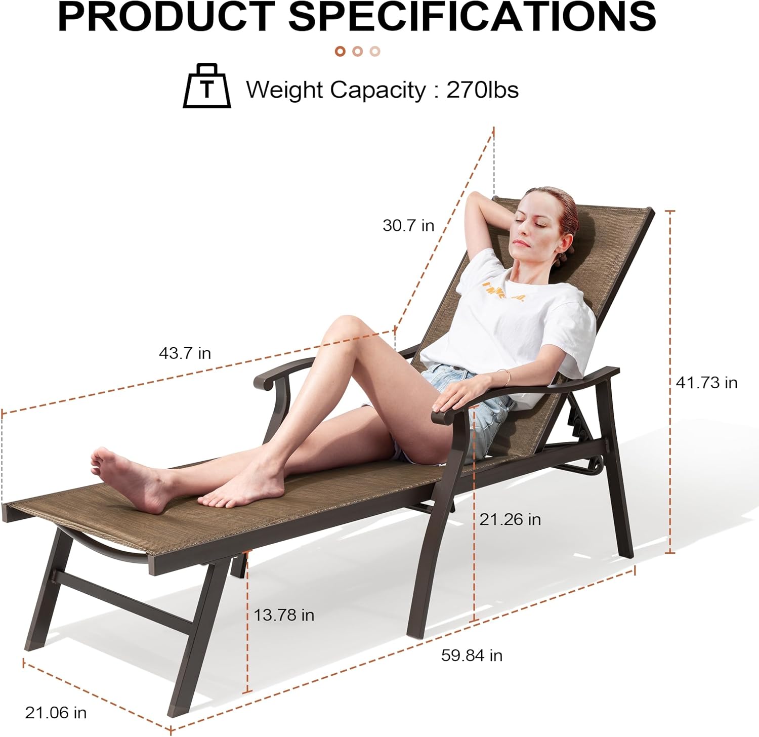 Crestlive Products Chaise Lounge Chair Outdoor with Armrest, Pool Lounge Chairs, Aluminum with Adjustable 5 Backrest for Patio, Poolside, Yard, Deck, Backyard (Brown)