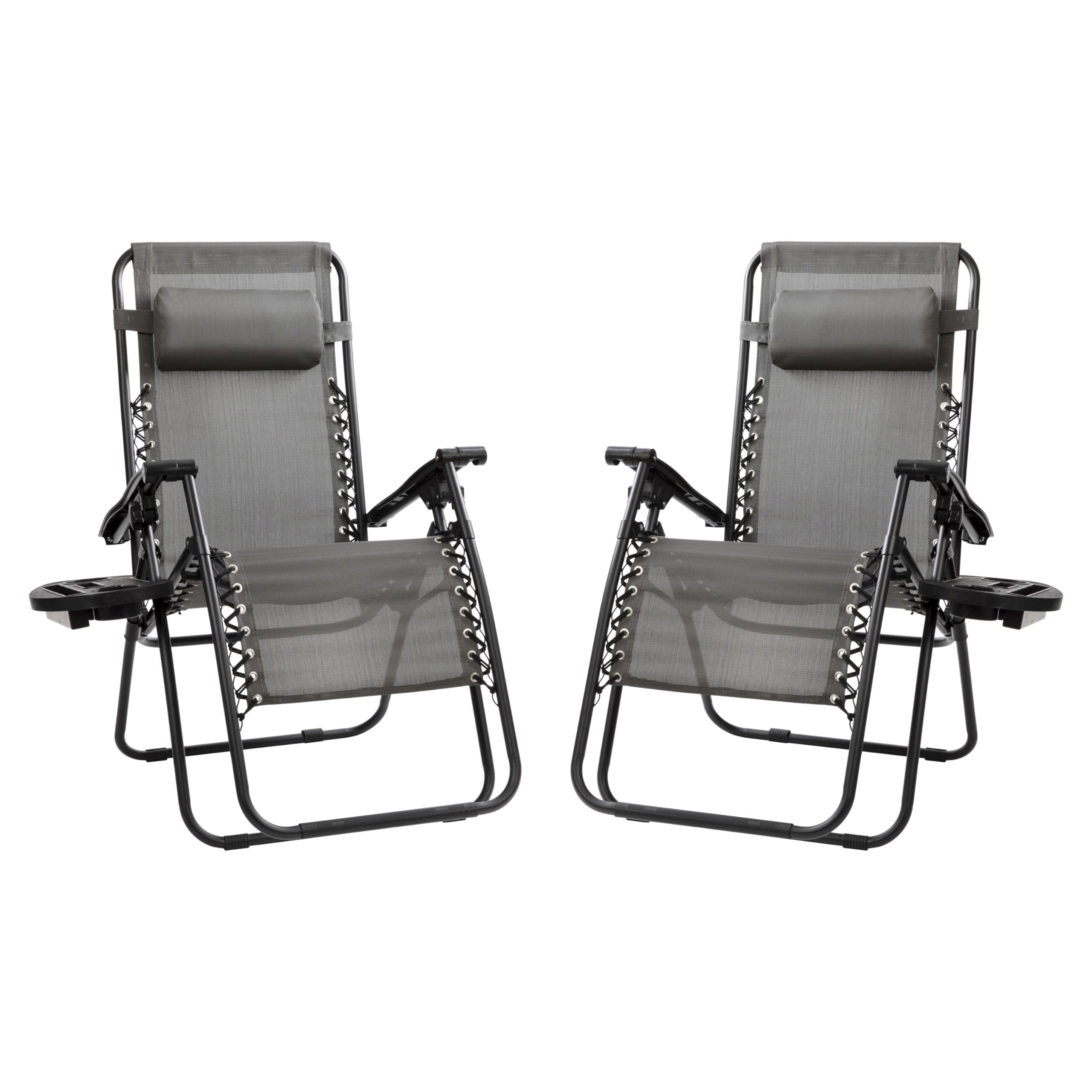 Flash Furniture Celestial Adjustable Folding Mesh Zero Gravity Reclining Lounge Chair with Pillow and Cup Holder Tray in Black, Set of 2