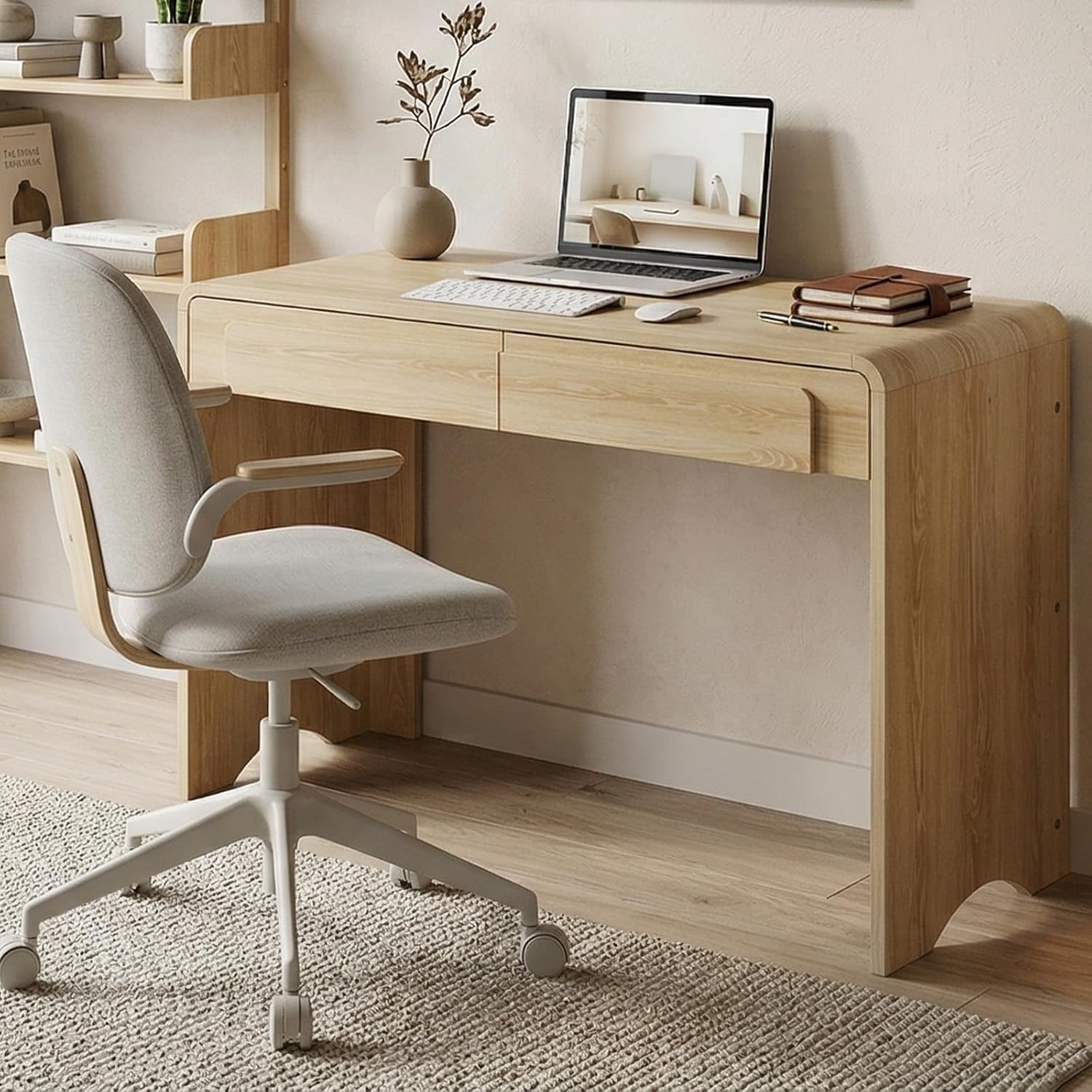 Bestier Computer Desk with 2 Drawers, 47 Inch Wood Home Office Desk, Small Writing Table with Curved Handles & Waterfall Rounded Edges, Cute Modern Desks for Bedroom Study Living Room, Oak