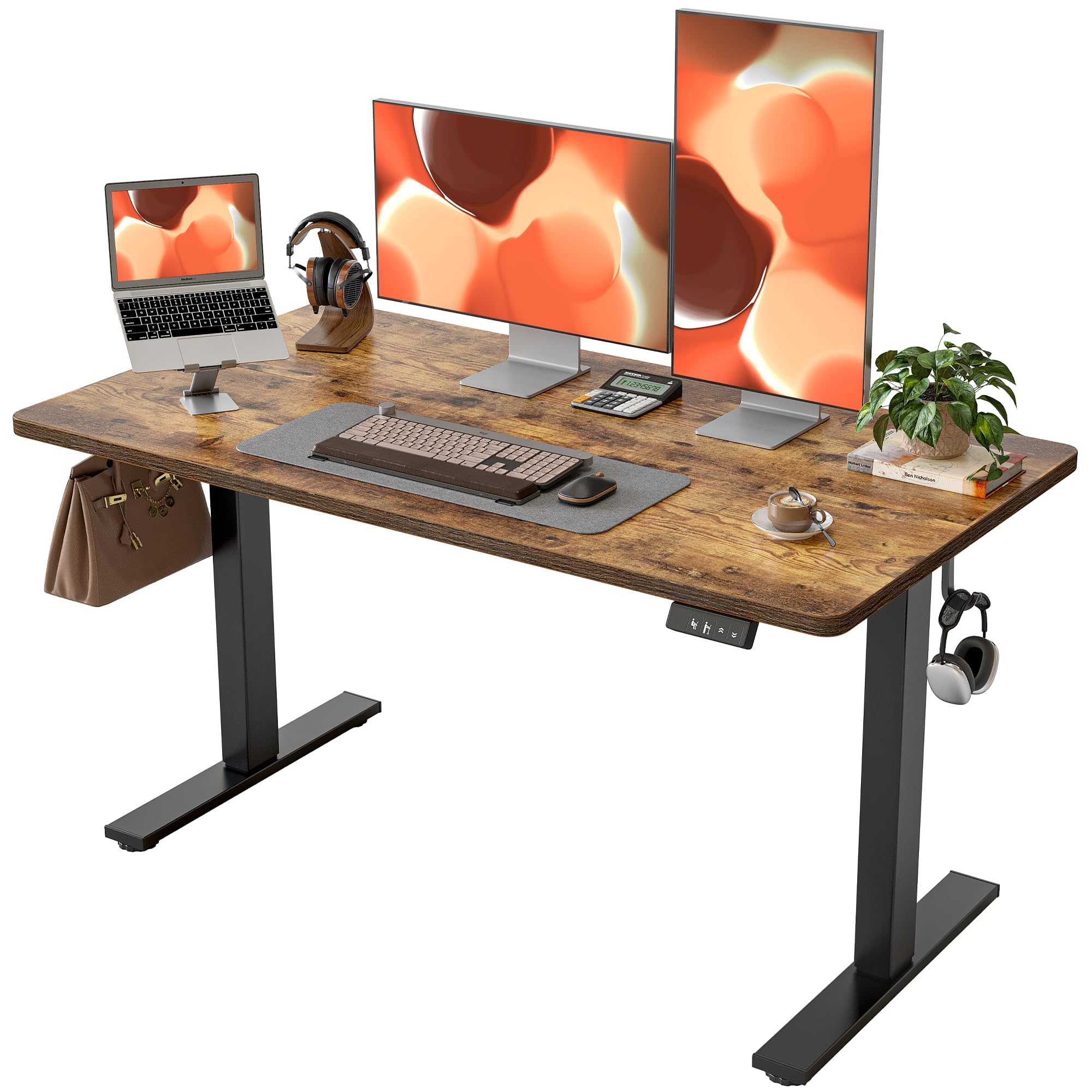 TIQLAB Electric Height Adjustable Standing Desk 47.2×23.6 inch, Sit Stand Desk with Splice Board, Memory Controller, White Frame & Maple Top Computer Workstation for Home Office