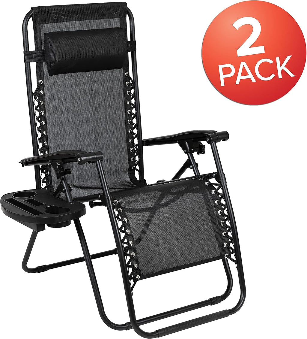 Flash Furniture Celestial Adjustable Folding Mesh Zero Gravity Reclining Lounge Chair with Pillow and Cup Holder Tray in Black, Set of 2
