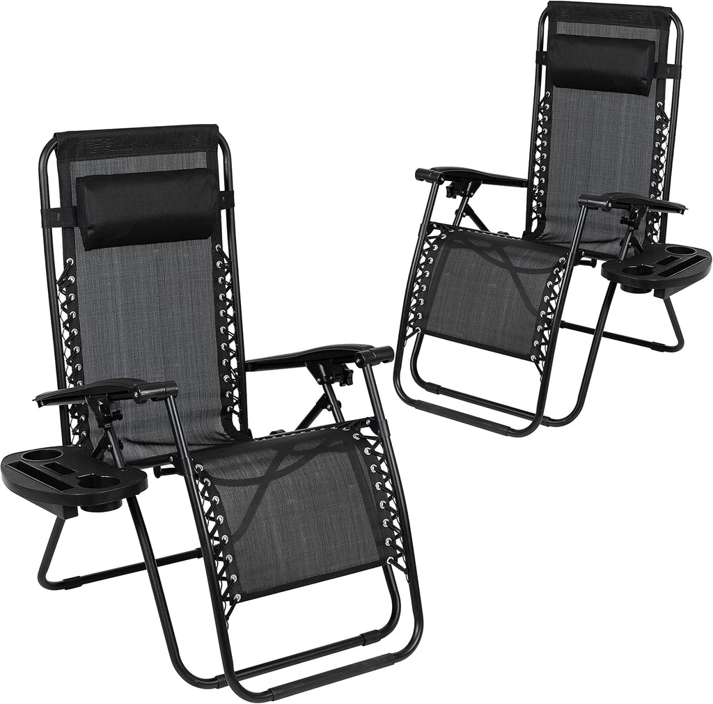 Flash Furniture Celestial Adjustable Folding Mesh Zero Gravity Reclining Lounge Chair with Pillow and Cup Holder Tray in Black, Set of 2