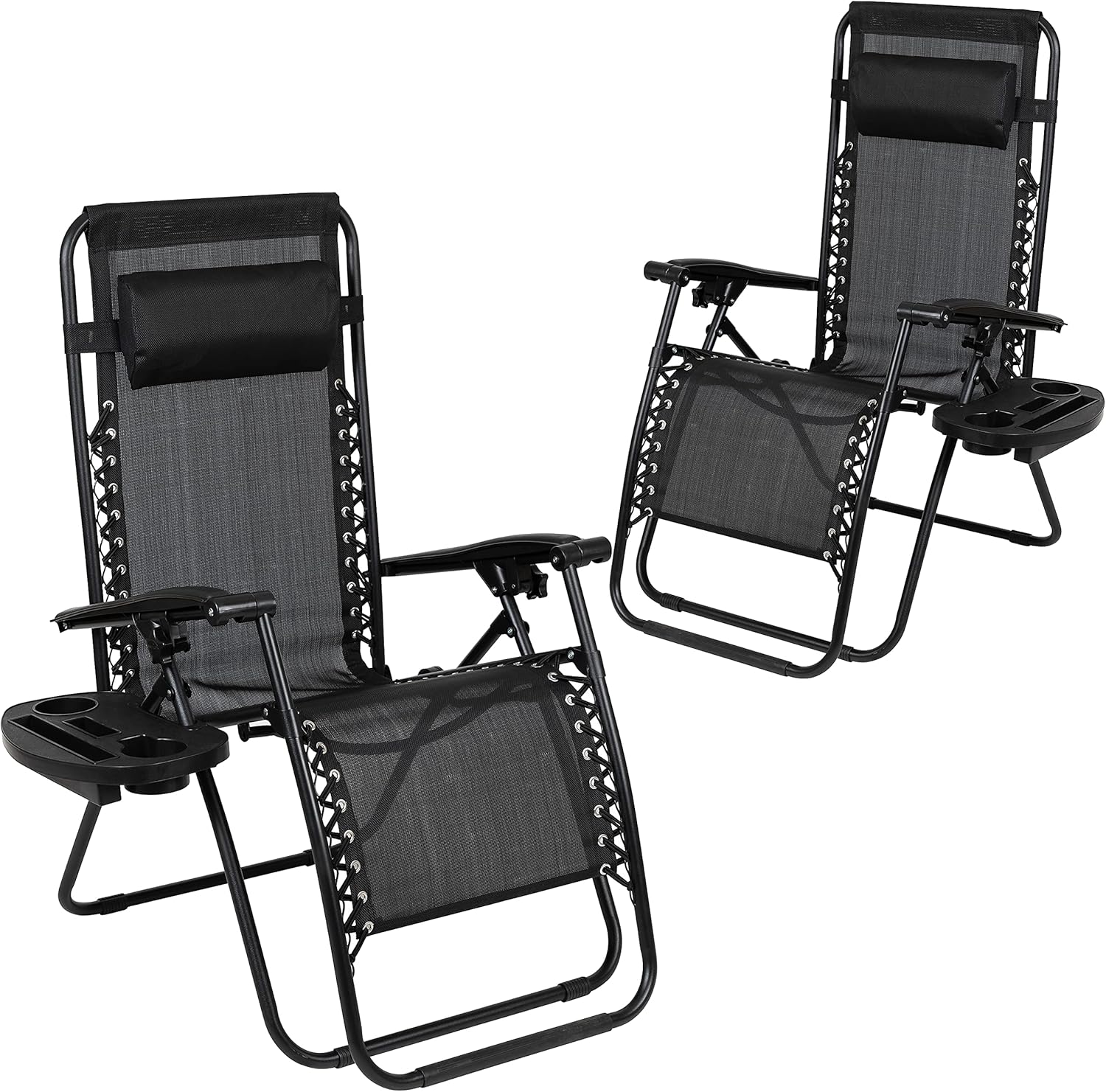 Flash Furniture Celestial Adjustable Folding Mesh Zero Gravity Reclining Lounge Chair with Pillow and Cup Holder Tray in Black, Set of 2