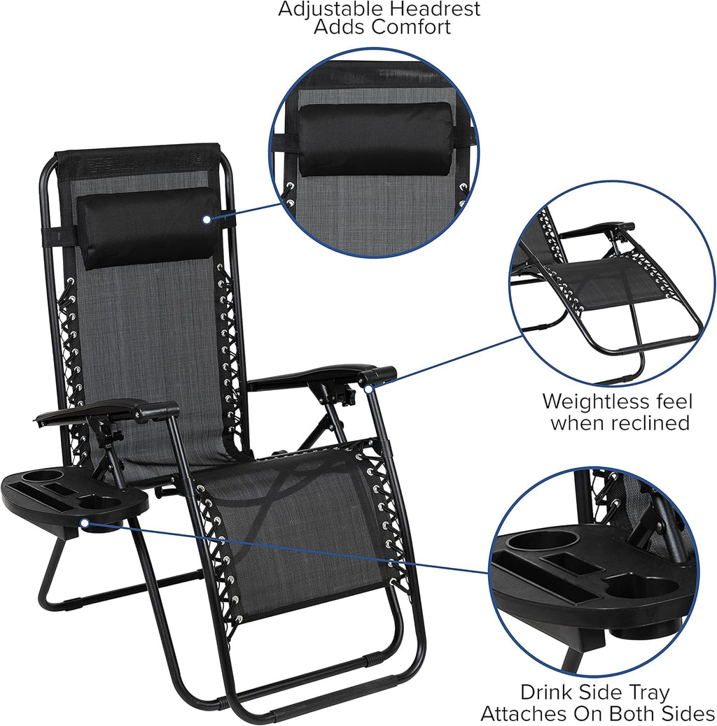 Flash Furniture Celestial Adjustable Folding Mesh Zero Gravity Reclining Lounge Chair with Pillow and Cup Holder Tray in Black, Set of 2