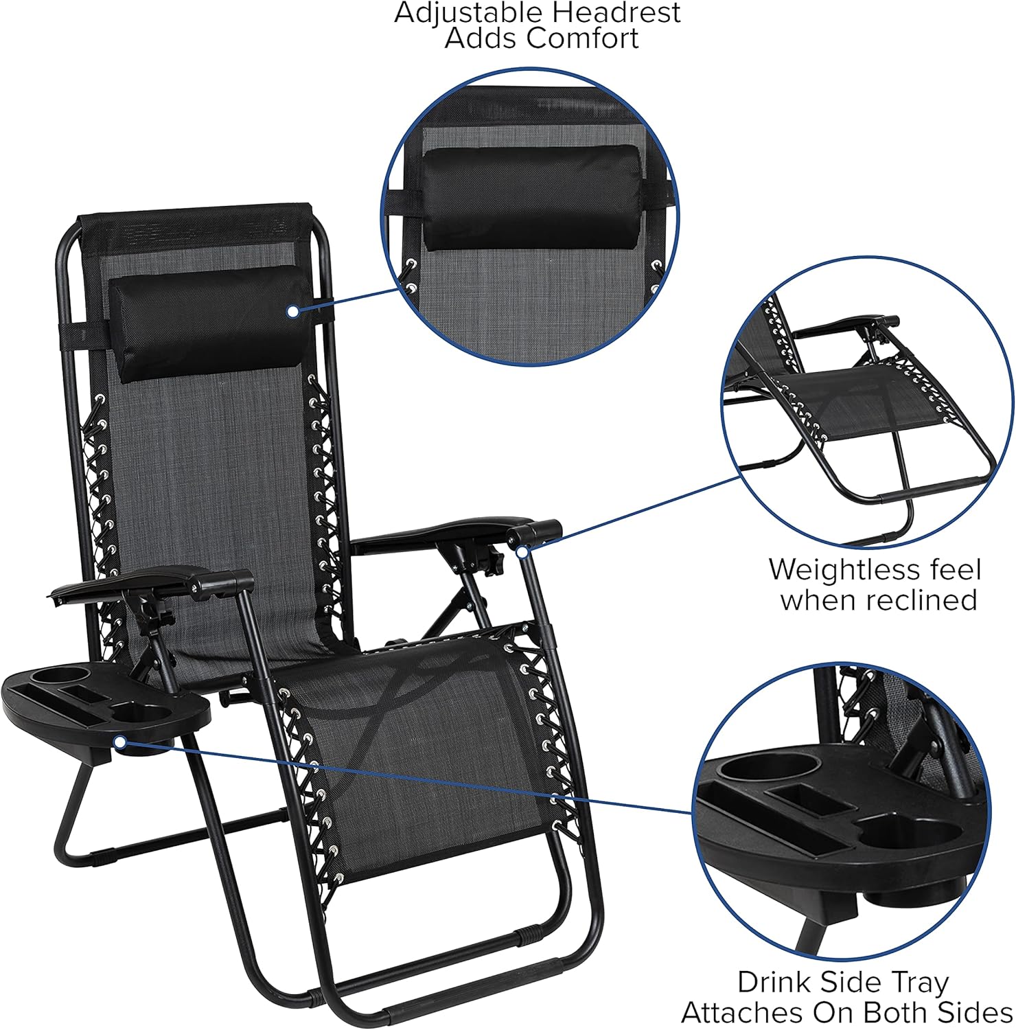 Flash Furniture Celestial Adjustable Folding Mesh Zero Gravity Reclining Lounge Chair with Pillow and Cup Holder Tray in Black, Set of 2