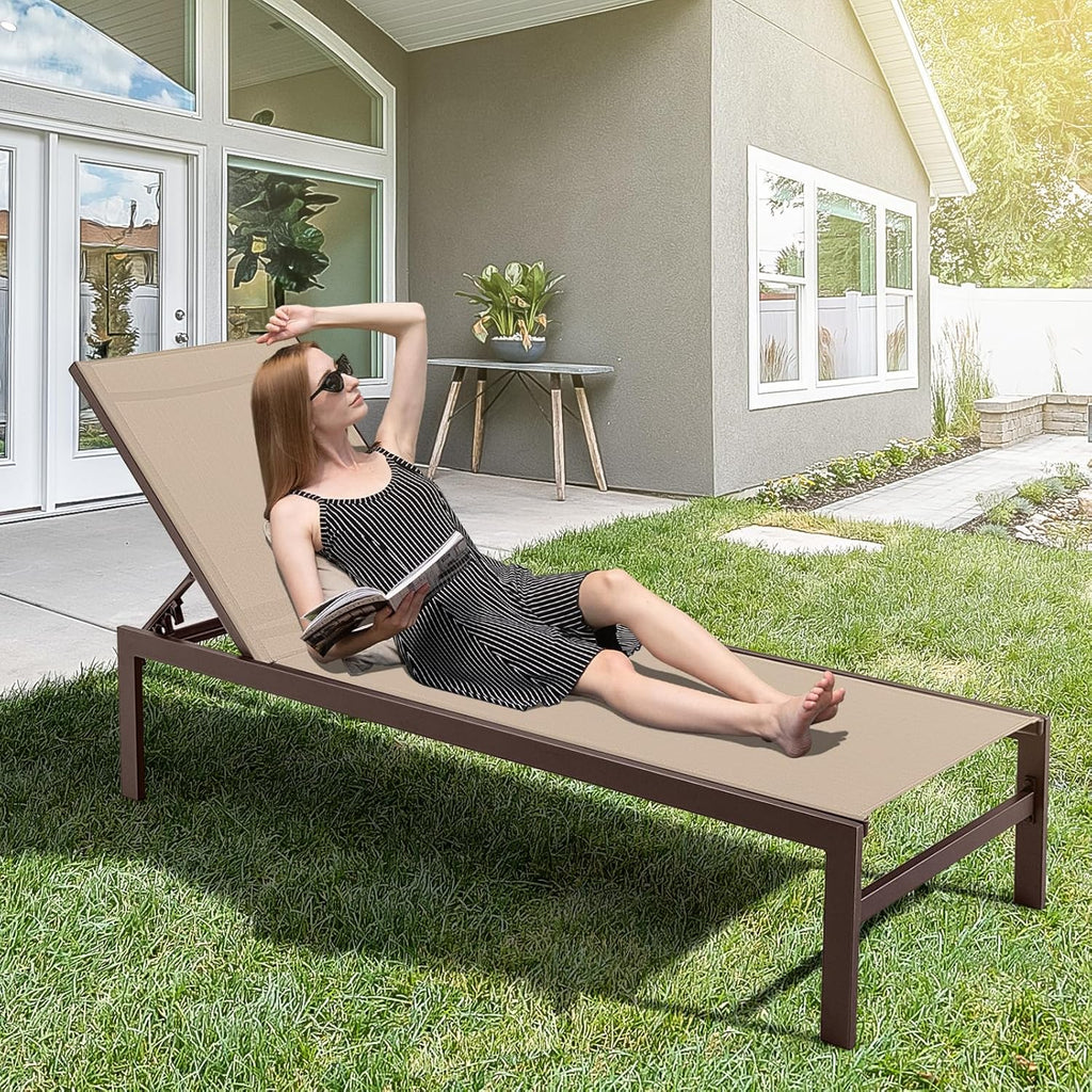 Tangkula Aluminum Lounge Chair Outdoor, Patio Adjustable Chaise Lounge with 6-Position Backrest, Aluminum Frame, Breathable Fabric, Lightweight Recliner Pool Chairs for Poolside, Backyard (1, Brown)