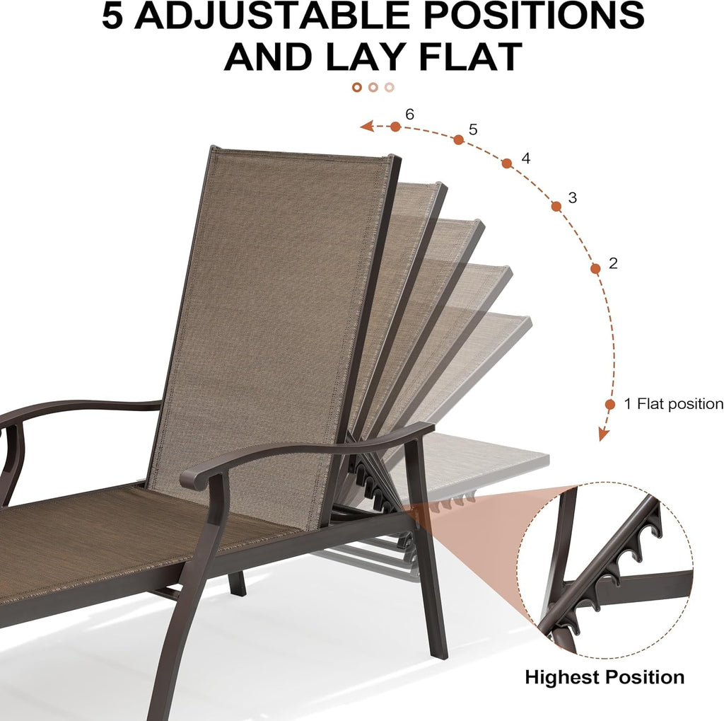 Crestlive Products Chaise Lounge Chair Outdoor with Armrest, Pool Lounge Chairs, Aluminum with Adjustable 5 Backrest for Patio, Poolside, Yard, Deck, Backyard (Brown)