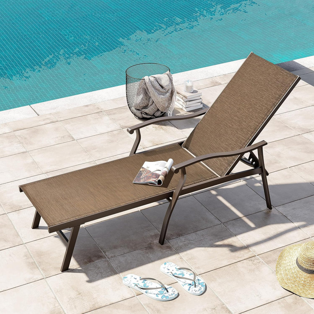 Crestlive Products Chaise Lounge Chair Outdoor with Armrest, Pool Lounge Chairs, Aluminum with Adjustable 5 Backrest for Patio, Poolside, Yard, Deck, Backyard (Brown)